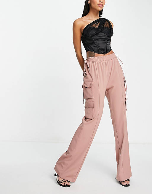 I Saw It First tie waist cargo trousers in mauve 