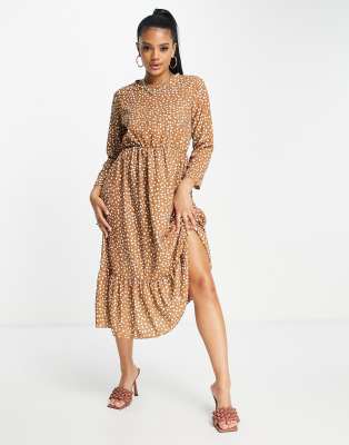 i saw it first tie waist midi smock dress in tan-brown