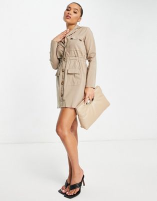 I Saw It First utilIty shirt dress in stone - ASOS Price Checker