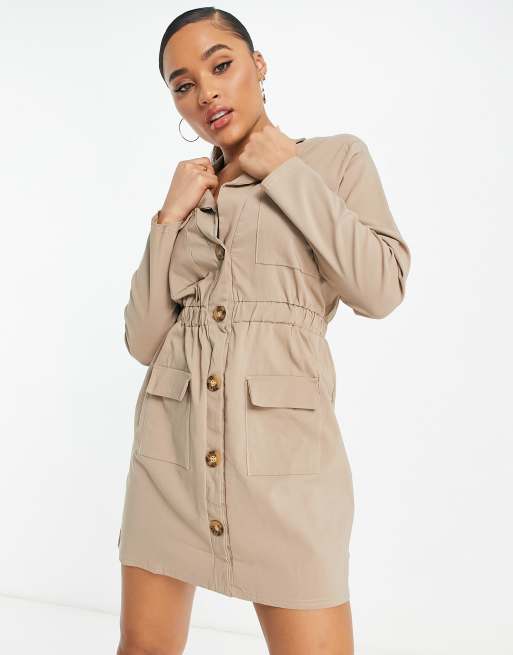 I Saw It First utilIty shirt dress in stone ASOS