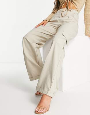 I Saw It First I Saw It First utility wide leg cargo trousers in stone-Neutral