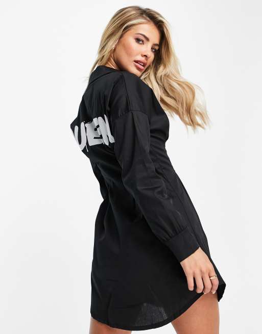 I Saw It First - Vestito camicia in popeline di cotone nero con stampa sul retro 