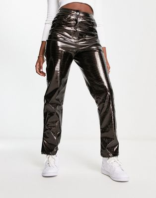 I Saw It First vinyl straight leg trousers in brown croc