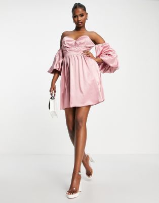 I Saw It First wedding guest bardot skater mini dress in pink satin | ASOS