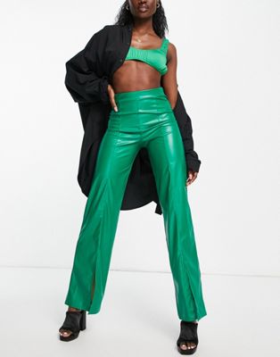 I Saw It First wide leg leather look trouser co ord in green