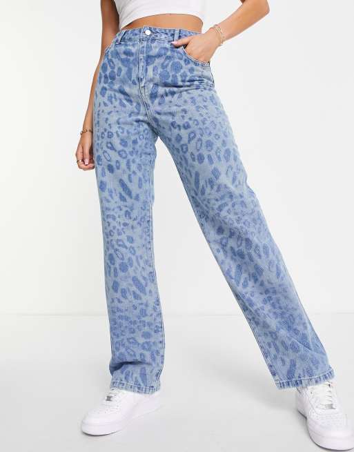 I Saw It First wide leg leopard print light wash jeans in blue