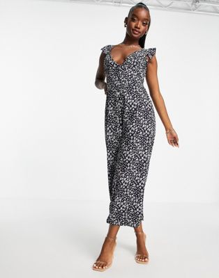 I Saw It First woven button frill strap culotte jumpsuit in navy floral print