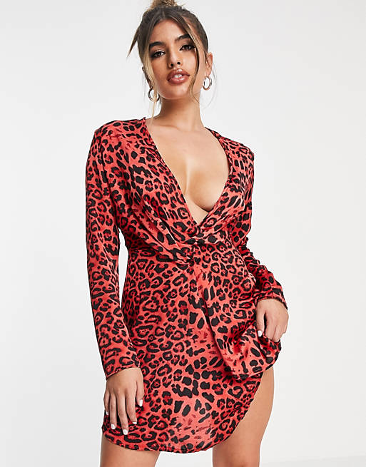I Saw It First woven plunge neck knot front dress in red leopard print