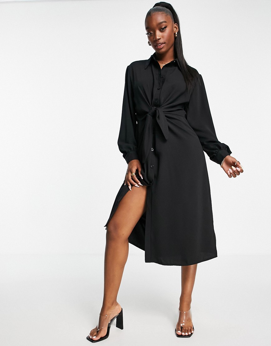 I Saw It First woven tie front midi shirt dress in black