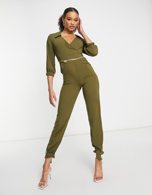 I Saw It First wrap front jumpsuit in khaki
