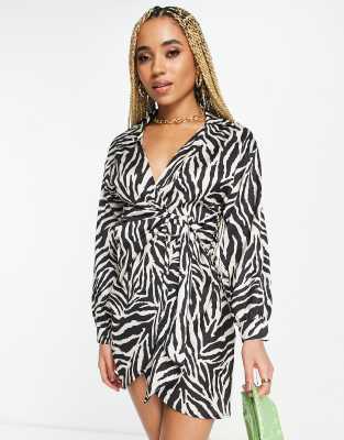 wrap mini dress in zebra print-Multi