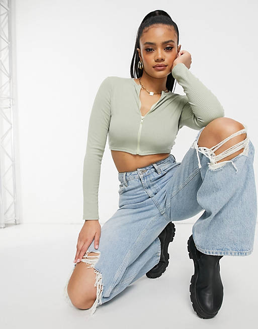 I Saw It First zip front long sleeve top in sage