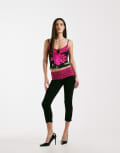 [I.AM.GIA] I.AM.GIA Adella super soft jersey contrast lace trim capri pants in black and pink (Part of a set)-Multi 2XS Black And Pink