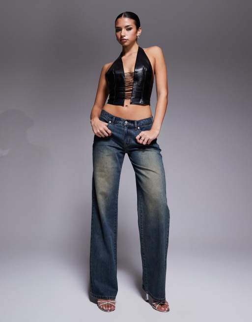 I.AM.GIA Altair leather look plunge halterneck drape detail top in black