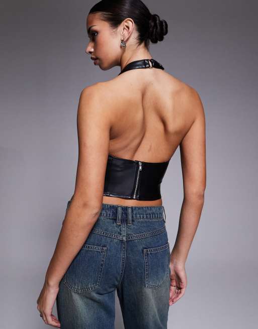 I.AM.GIA Altair leather look plunge halterneck drape detail top in black