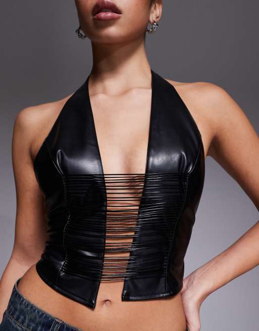 I.AM.GIA - Altair - Sort top i læderlook med dyb udskæring og halterneck samt draperinger, 3 af 4