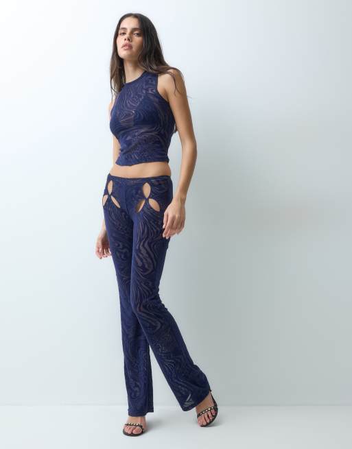 I.AM.GIA Amina sheer mesh devore crop top and pants in navy swirl, 2 of 3