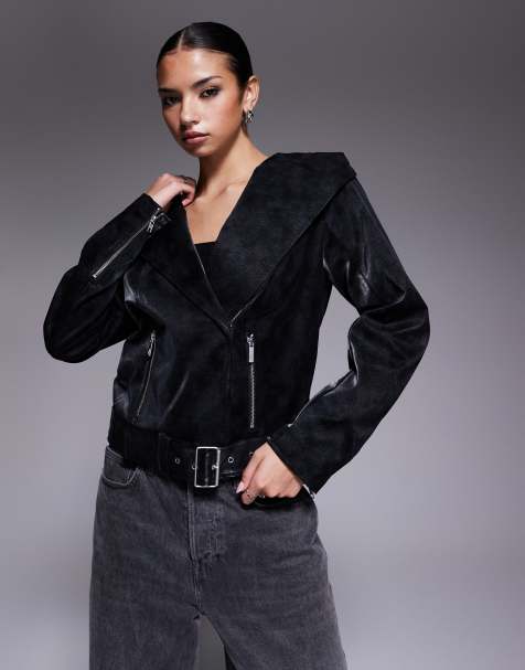 I.AM.GIA Andromeda leather look oversized hood detail moto jacket in high shine black
