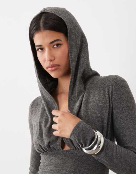 I.AM.GIA Anouk knitted plunge neck hooded top in charcoal grey - view 1