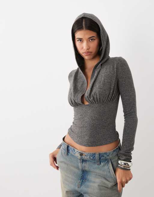 I.AM.GIA Anouk knitted plunge neck hooded top in charcoal grey, 3 of 4