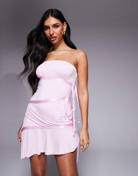 I.AM.GIA – Arly – Anschmiegsames, trägerloses Minikleid in Babyrosa mit kontrastierendem Satin-Band und asymmetrischem Saum - view 1