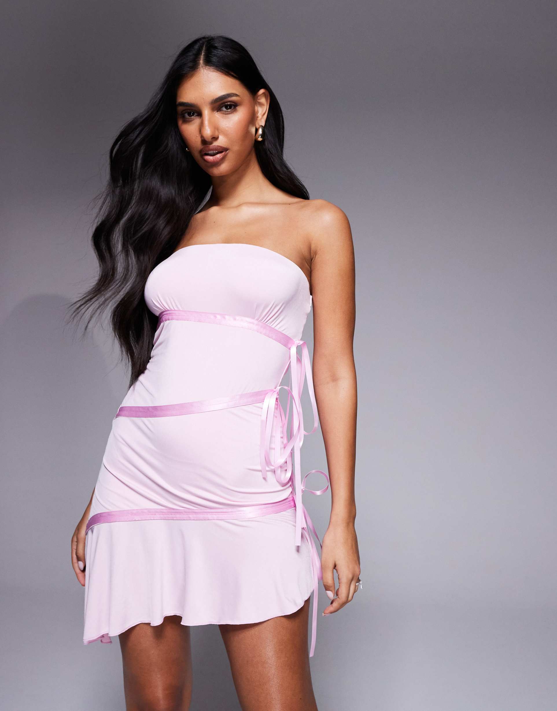 i.am.gia arly slinky bandeau contrast satin ribbon trim asymmetric hem mini dress in baby pink