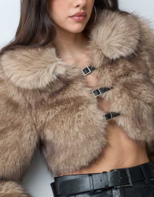 I.AM.GIA Ash oversized buckle detail cropped faux fur jacket in brown, 4 of 5