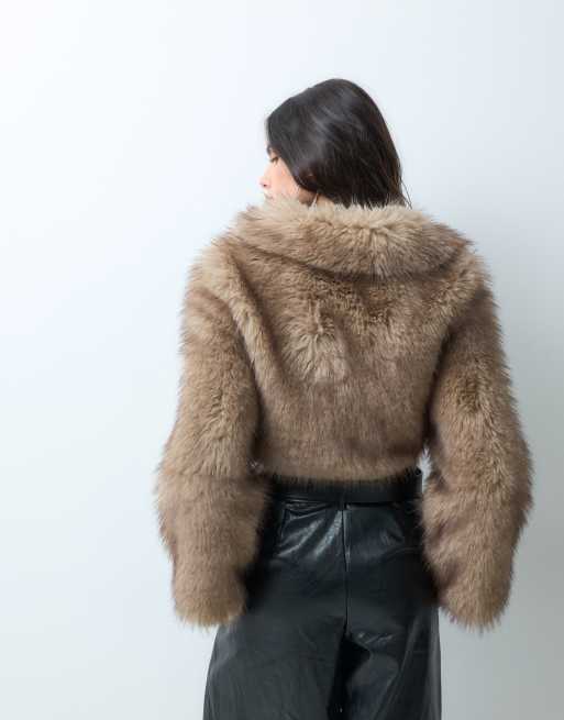 I.AM.GIA Ash oversized buckle detail cropped faux fur jacket in brown, 5 of 5