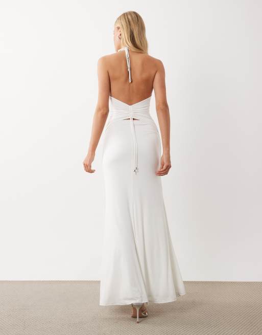 I.AM.GIA Astraea slinky square halterneck studded side detail low back fishtail hem maxi dress in white, 2 of 4