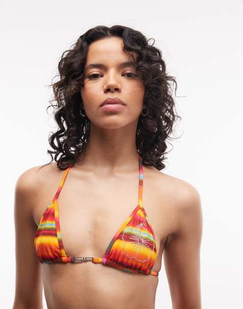 I.AM.GIA Ava halterneck diamante logo striped bikini top co-ord in sunset ombre