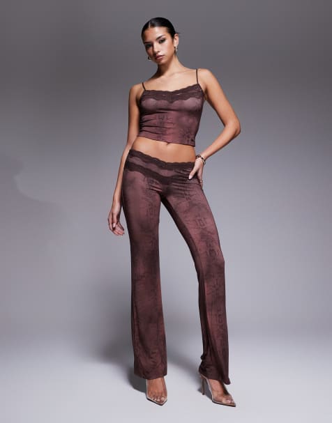 I.AM.GIA Beau double lace trim v front flared trouser co-ord in brown snake print