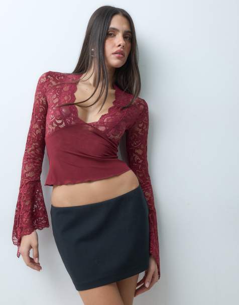 I.AM.GIA Bella semi sheer plunge neck long fluted sleeve lace top in burgundy