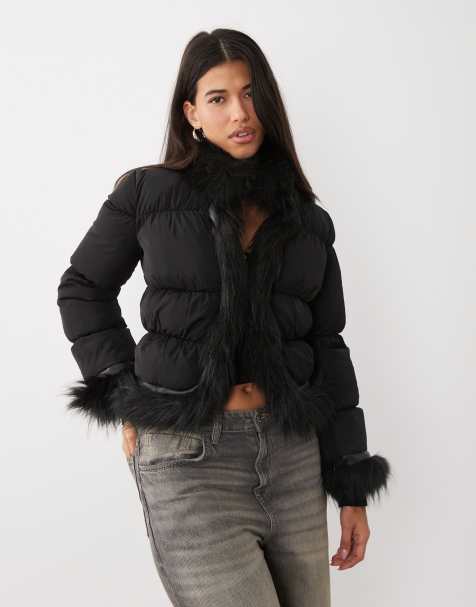 I.AM.GIA Billie faux fur trim hook and eye closure puffer jacket in black - view 1
