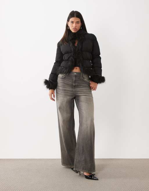 I.AM.GIA Billie faux fur trim hook and eye closure puffer jacket in black, 3 of 4