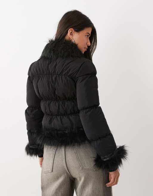 I.AM.GIA Billie faux fur trim hook and eye closure puffer jacket in black, 4 of 4