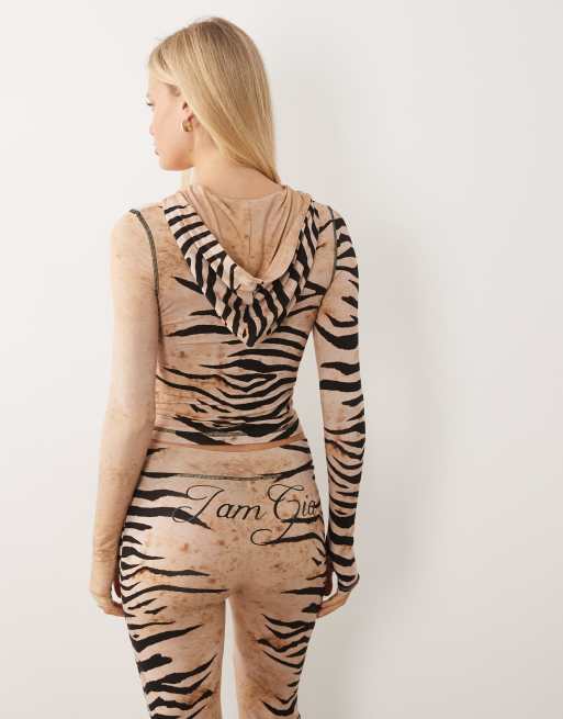 I.AM.GIA - Blare - Felpa con cappuccio e zip beige e nera zebrata con cuciture a contrasto e logo in coordinato, 4 di 4