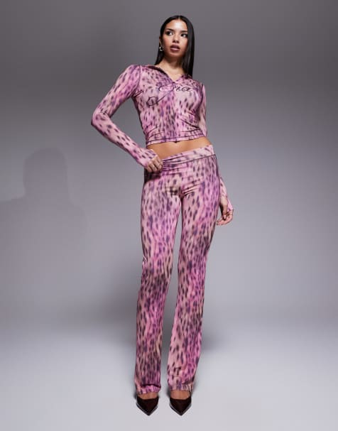 I.AM.GIA Blare logo contrast stitch zip through hoodie and track pants set in pink animal print - view 1