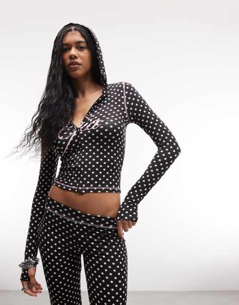 I.AM.GIA Blare logo contrast stitch zip through hoodie co-ord in black and pink polka dot - view 1