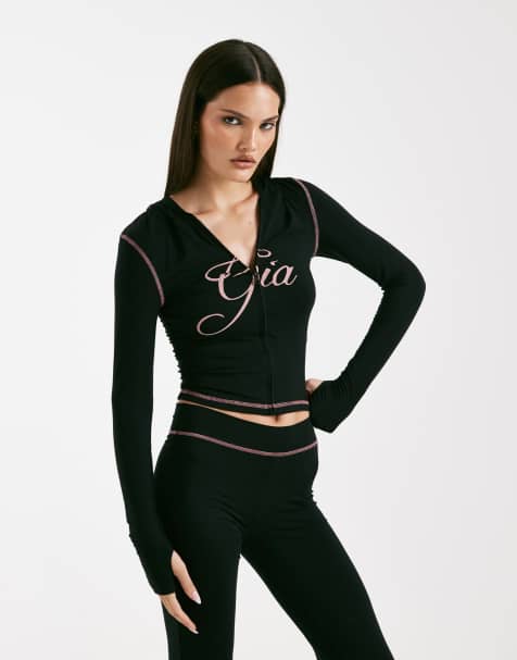 I.AM.GIA Blare logo contrast stitch zip through hoodie co-ord in black and pink - view 1