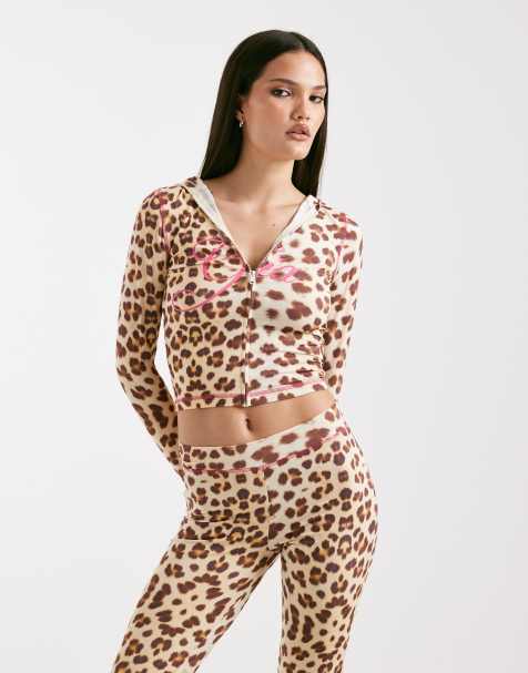 I.AM.GIA Blare logo contrast stitch zip through hoodie co-ord in leopard - view 1