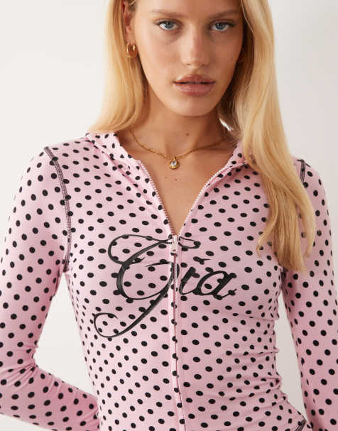 I.AM.GIA Blare logo contrast stitch zip through hoodie co-ord in pink and black polka dot - view 1