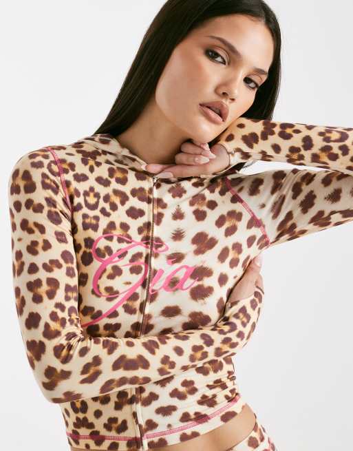 Blare logo contrast stitch zip-through hoodie in leopard