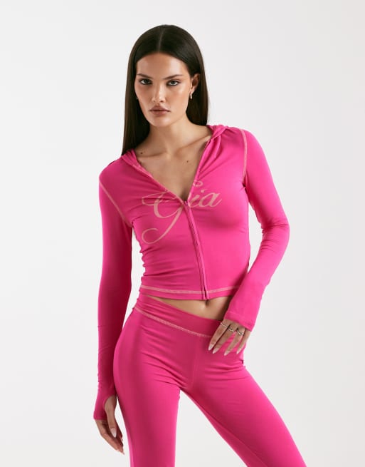 I.AM.GIA Blare logo contrast stitch zip up hoodie in hot pink - part of a set