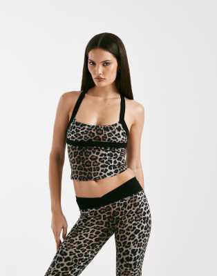 I.AM.GIA I.AM.GIA Blare sculpting slinky halterneck cross back top co-ord in leopard-Multi