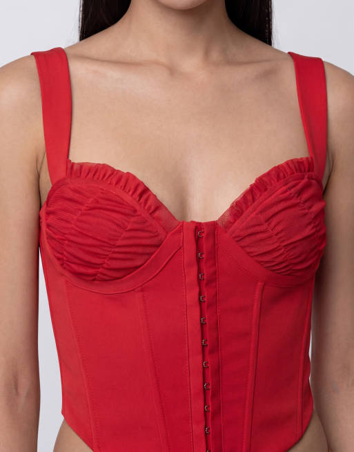 I.AM.GIA Bri soft touch ruched frill edges balconette cups corset top in red, 2 of 4