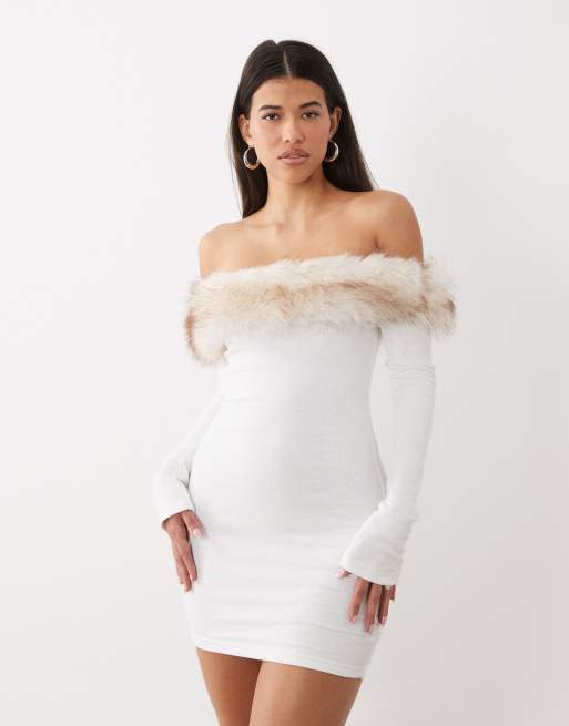 I.AM.GIA Cecily Bardot-Strick-Minikleid mit Faux-Fur-Besatz in Cremeweiß, 3 von 4