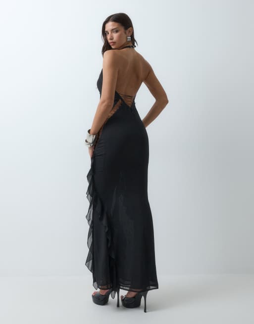 I.AM.GIA Celina robe longue noire à col halter, dos bas, détails à lacets, découpes et bord volanté, 3 de 5