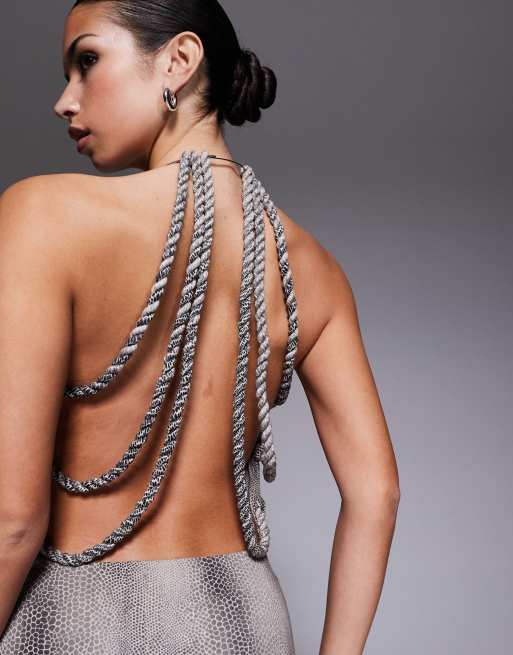 I.AM.GIA Chiva metal halterneck extreme plunge open back belted mini dress in snake print