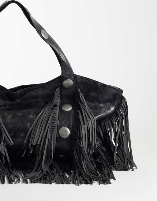 I.AM.GIA - Chroma - Sac porté épaule oversize en imitation cuir texturé à franges et clous - Noir délavé, 3 de 4