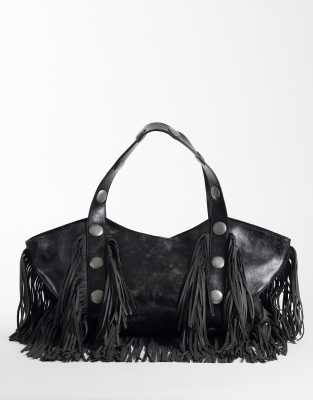 I.AM.GIA Chroma textured faux leather fringed studded detail oversized shoulder bag in washed black